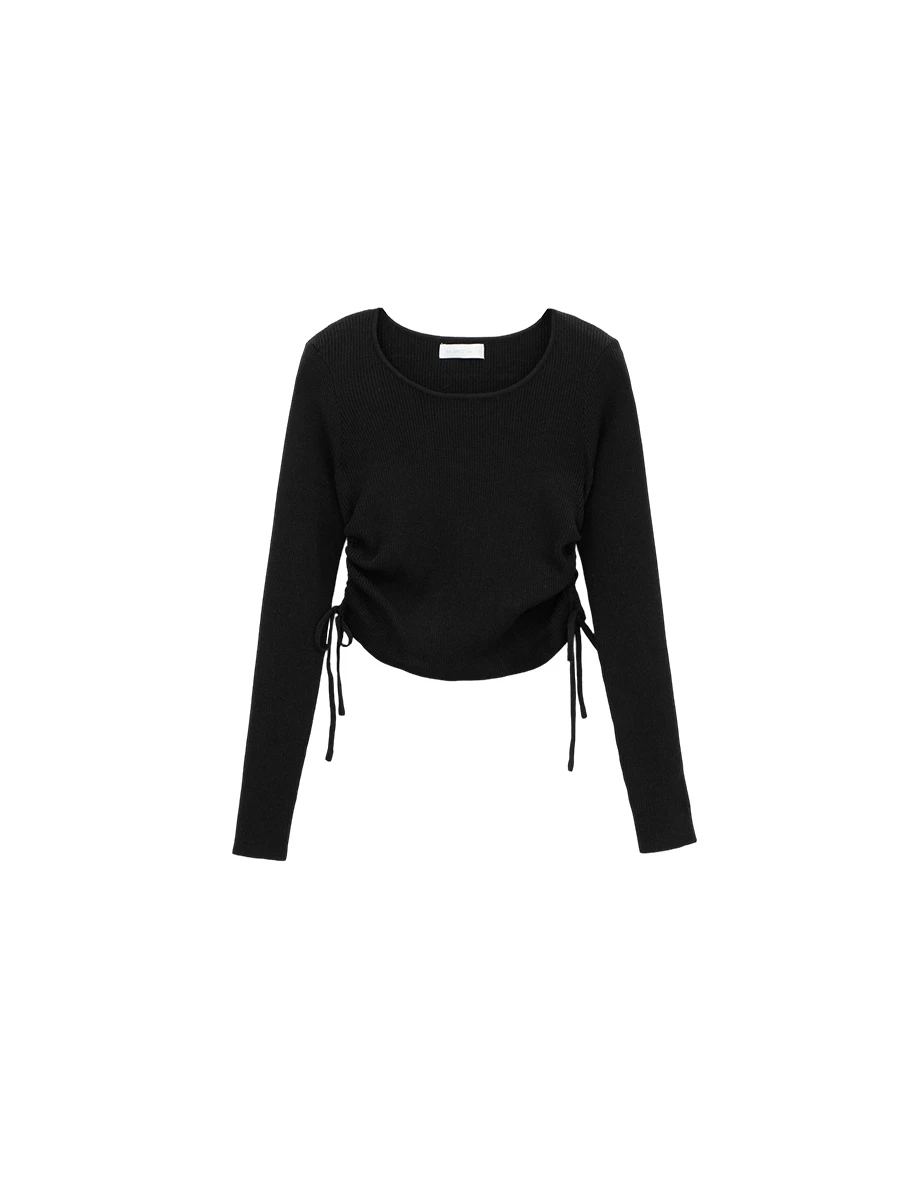 Ribbed Knit Side Ruched Drawstring Cropped Long Sleeve Top