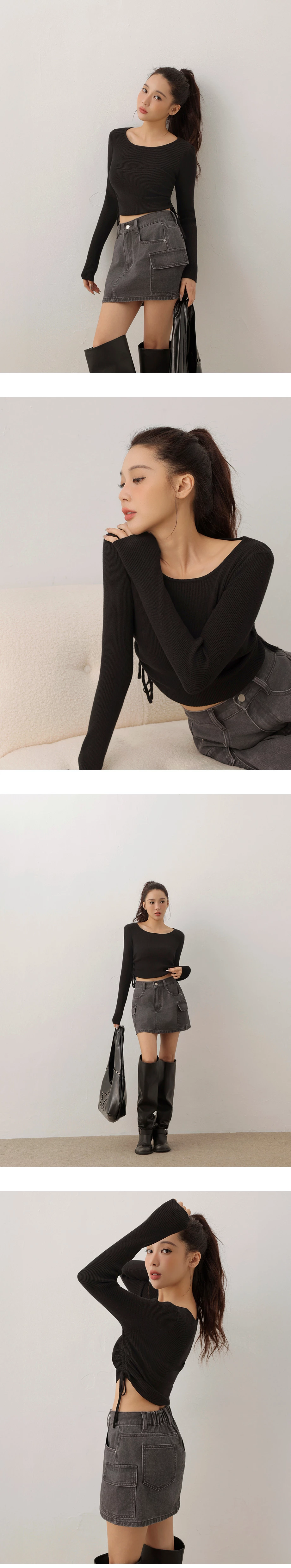 Ribbed Knit Side Ruched Drawstring Cropped Long Sleeve Top Ribbed Knit Side Ruched Drawstring Cropped Long Sleeve Top