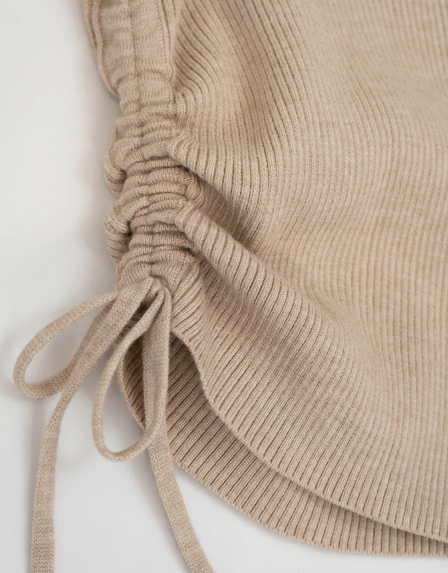 Ribbed Knit Side Ruched Drawstring Cropped Long Sleeve Top