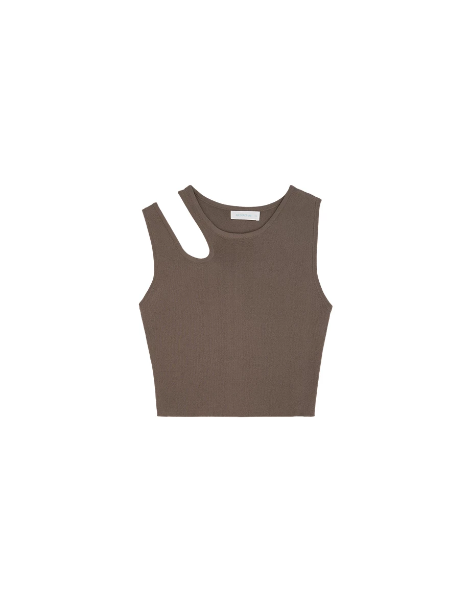 Asymmetrical Cut-out Shoulder Ribbed Knit Tank Top