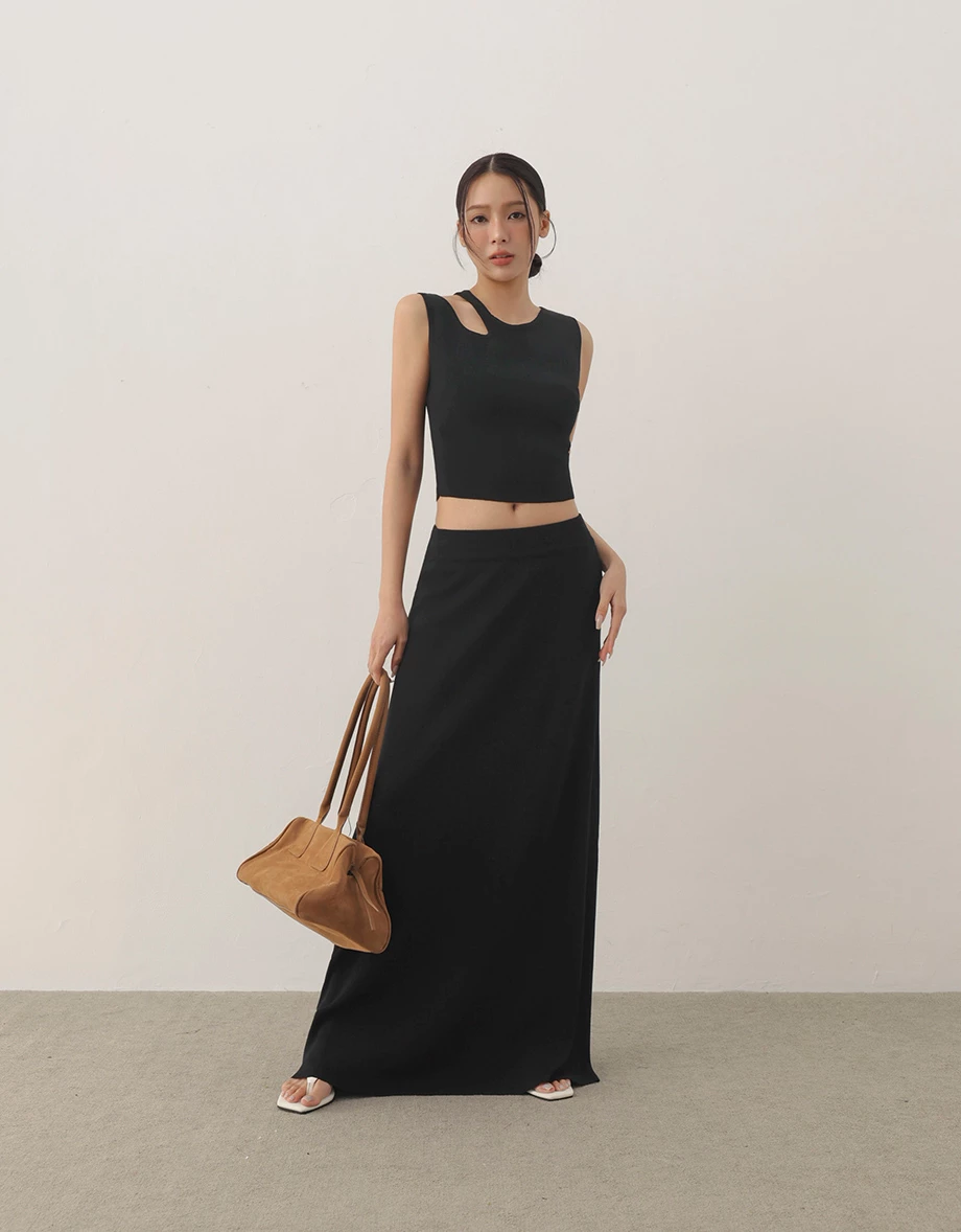 Asymmetrical Cut-out Shoulder Ribbed Knit Tank Top