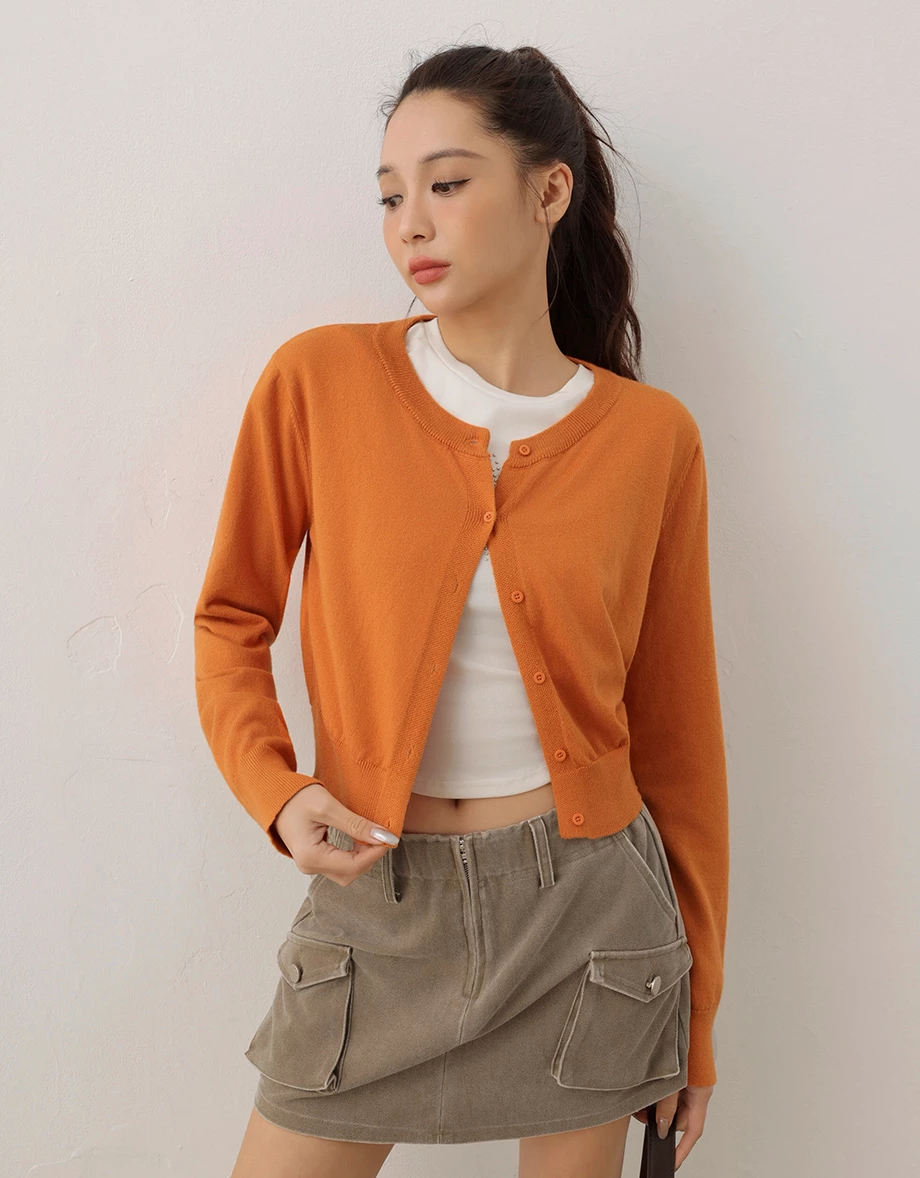 Crew Neck Long Sleeve Buttoned Front Knit Cardigan