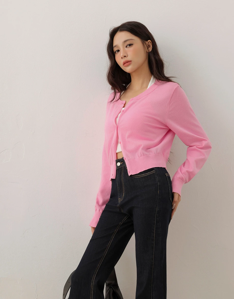 Crew Neck Long Sleeve Buttoned Front Knit Cardigan