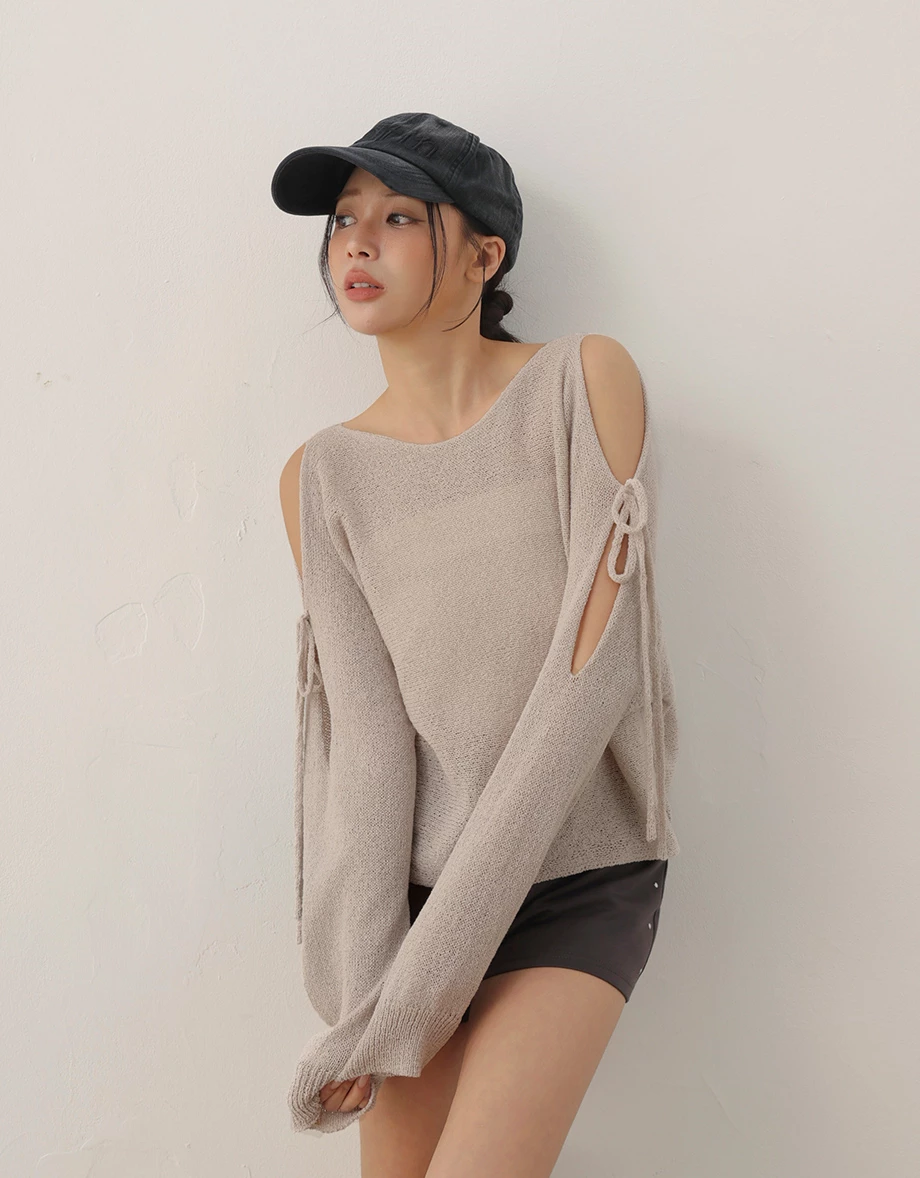 Cold Shoulder Cut-out Knit Top with Adjustable Tie Details