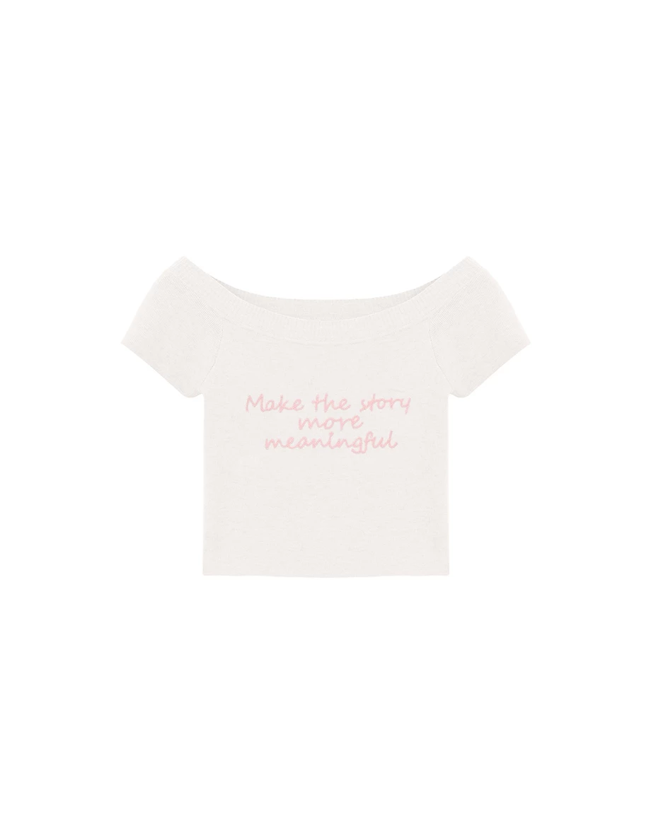 刺繡標語一字領短袖短版針織衫