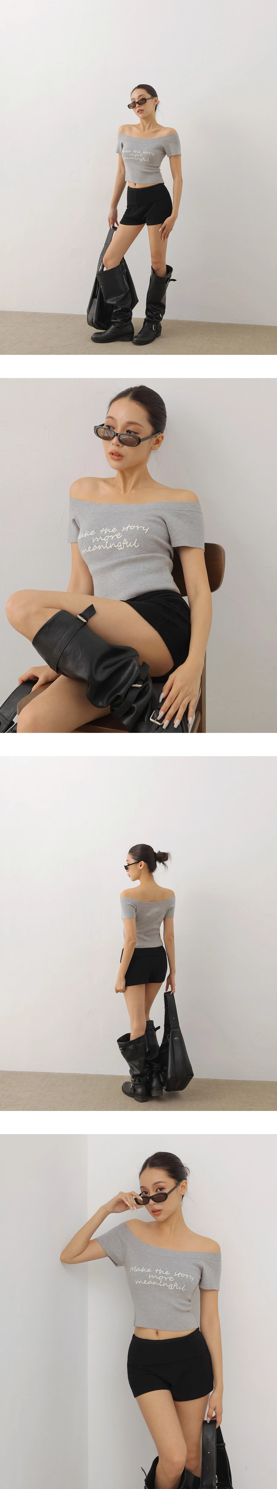 刺繡標語一字領短袖短版針織衫