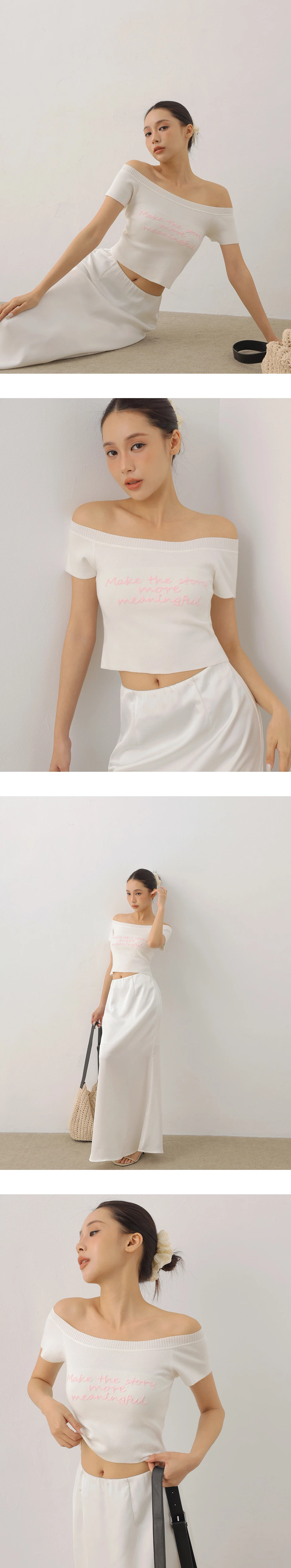 刺繡標語一字領短袖短版針織衫