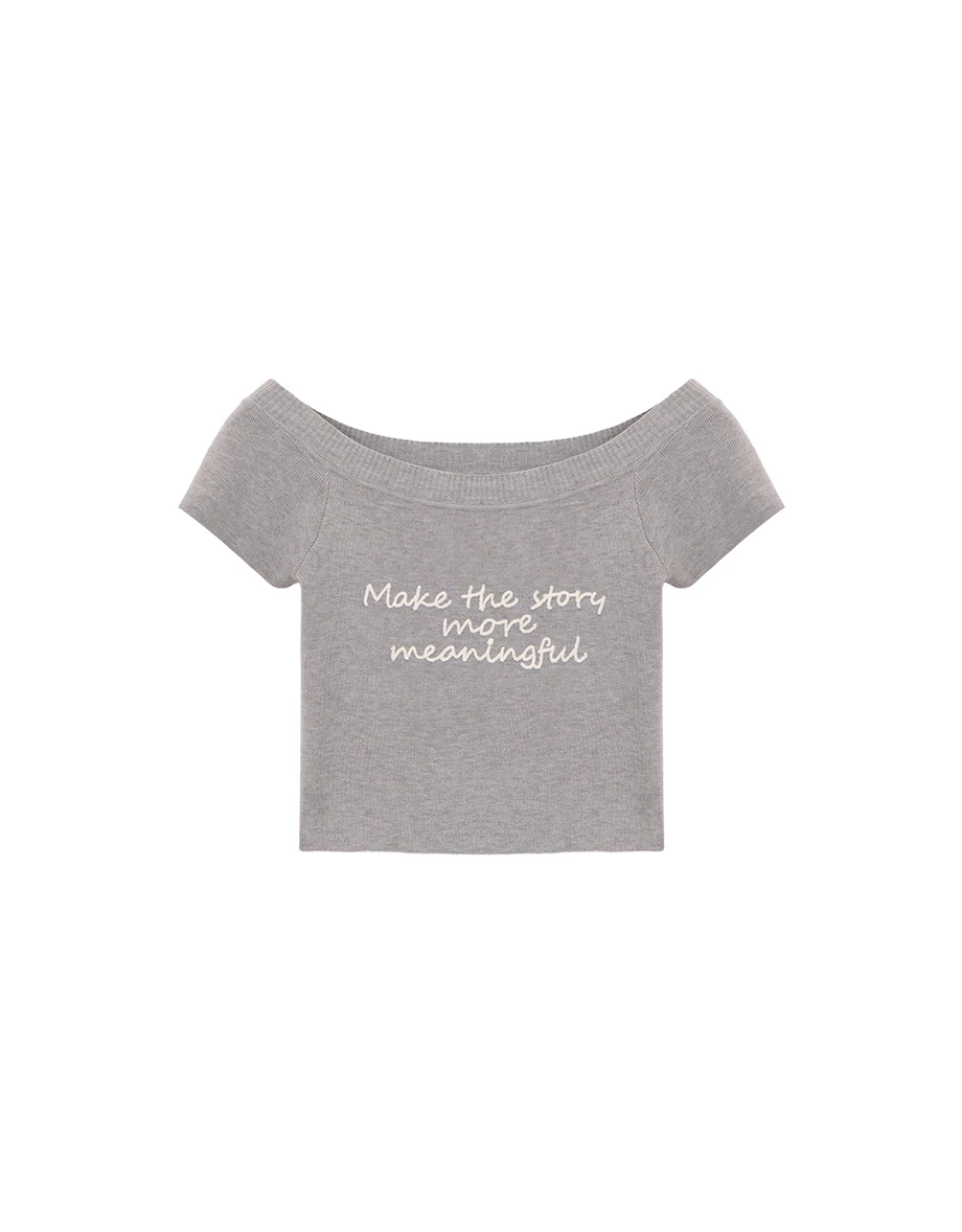 刺繡標語一字領短袖短版針織衫