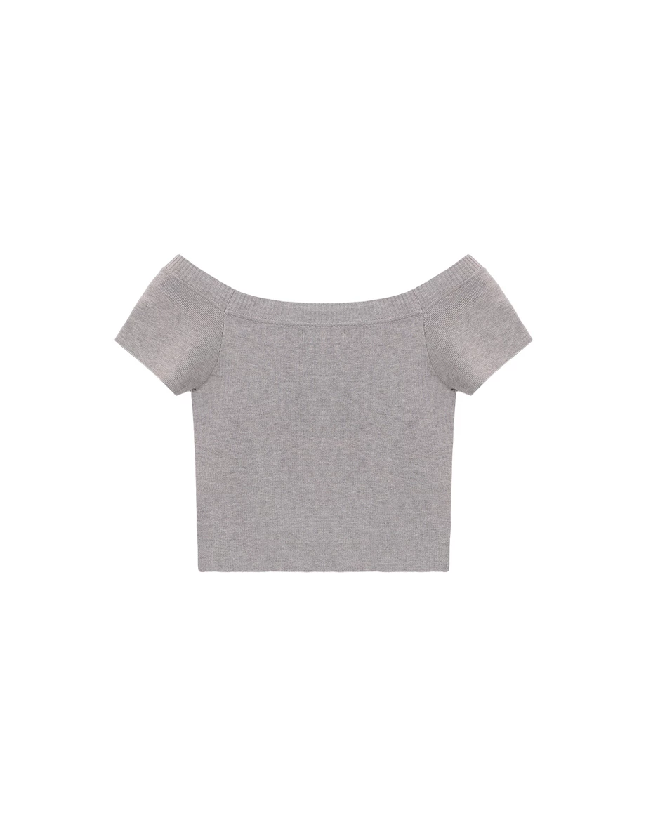 刺繡標語一字領短袖短版針織衫