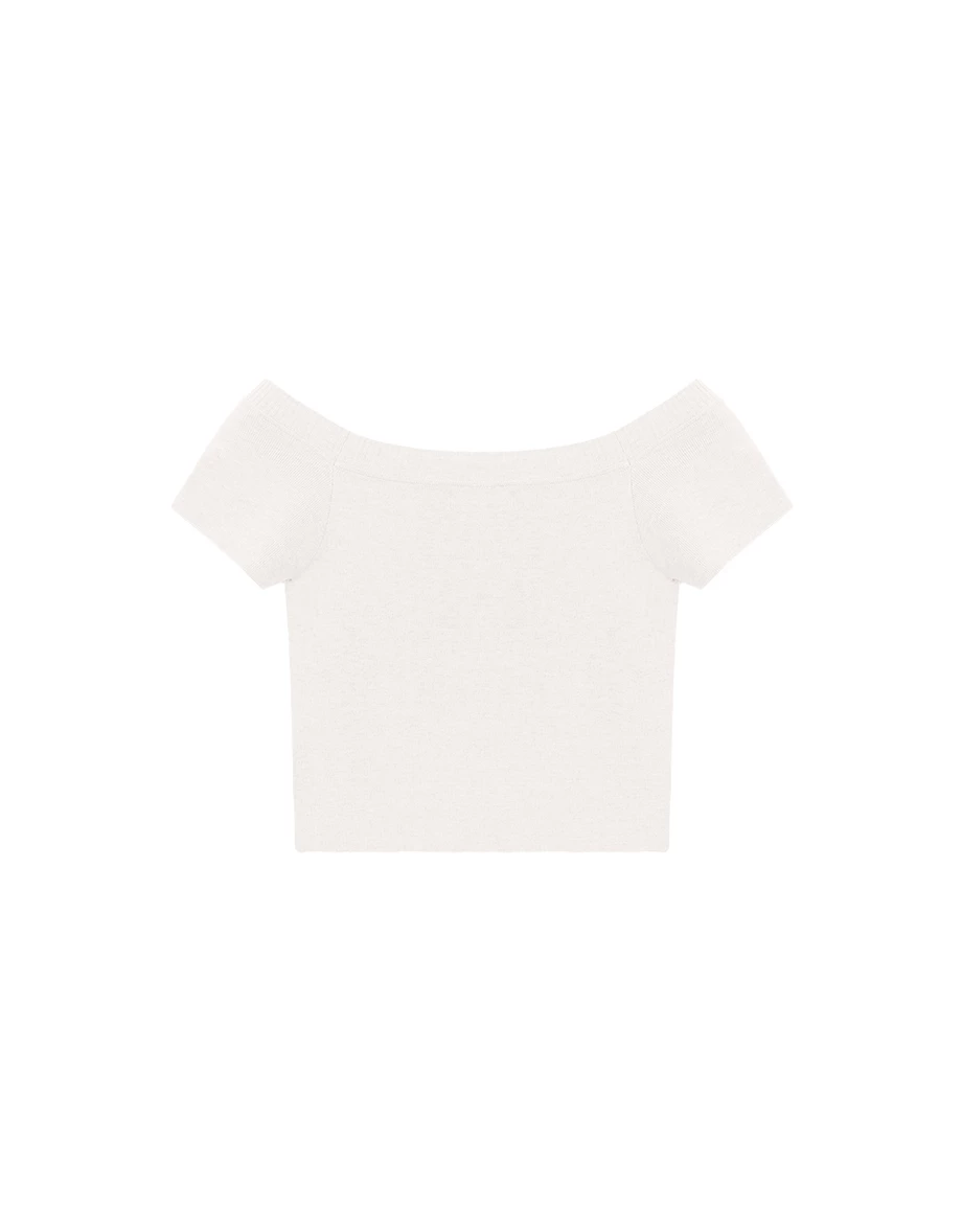 刺繡標語一字領短袖短版針織衫