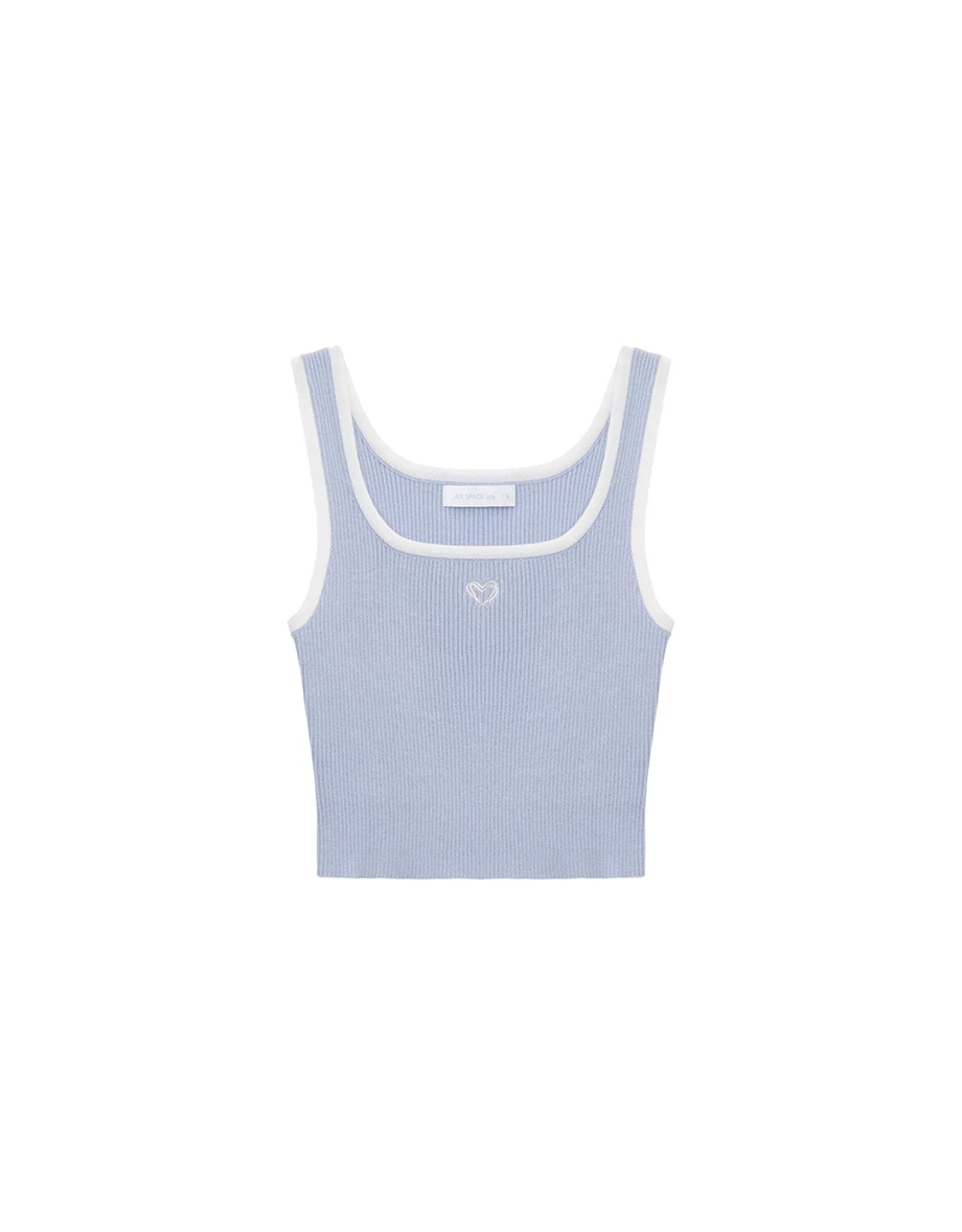 撞色滾邊愛心刺繡圓領短版羅紋針織背心