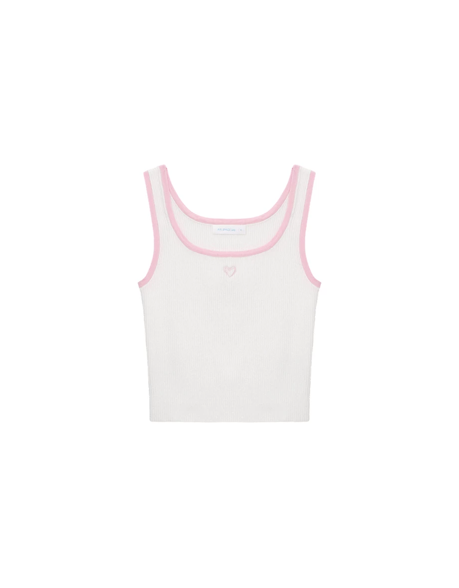 撞色滾邊愛心刺繡圓領短版羅紋針織背心