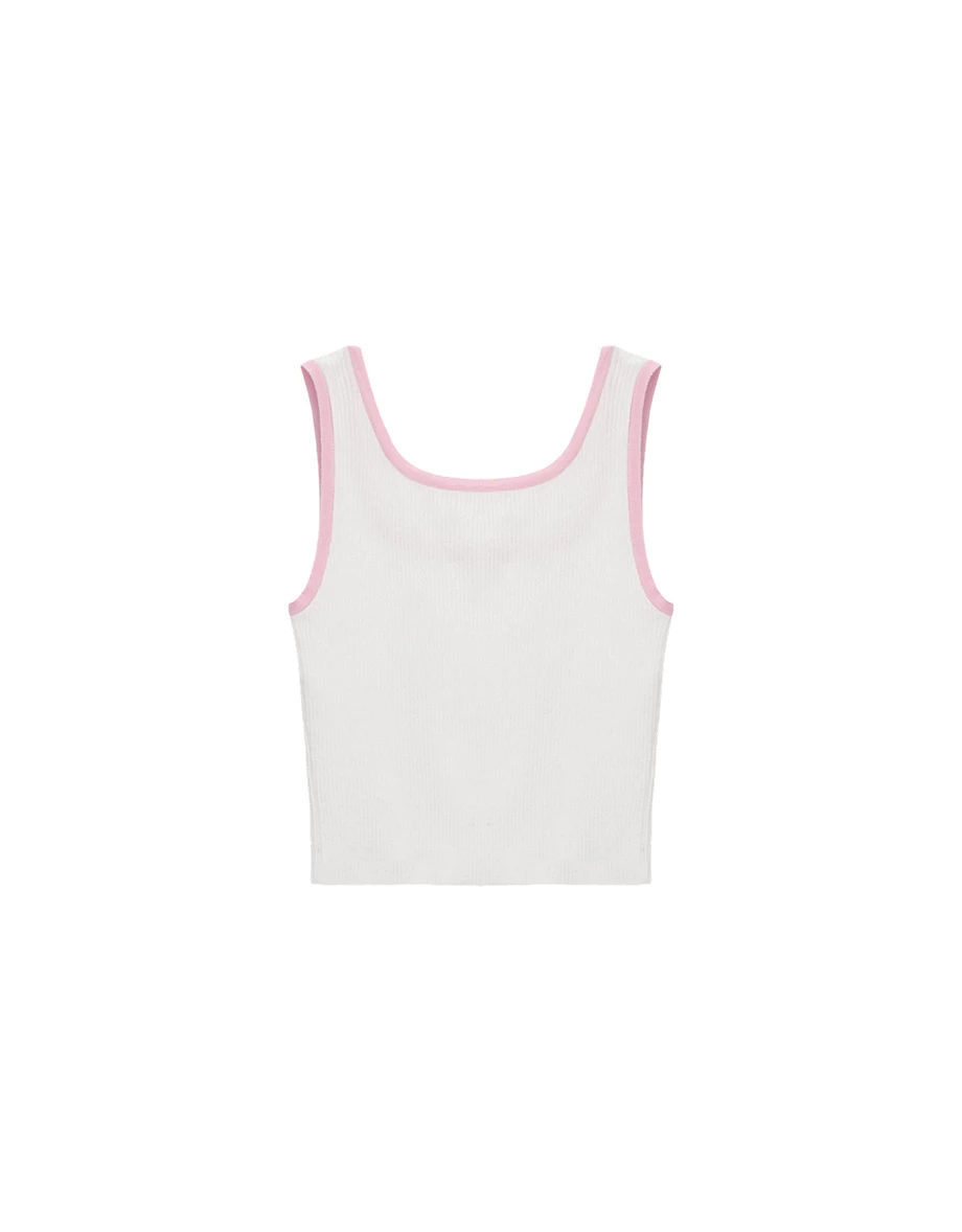 撞色滾邊愛心刺繡圓領短版羅紋針織背心