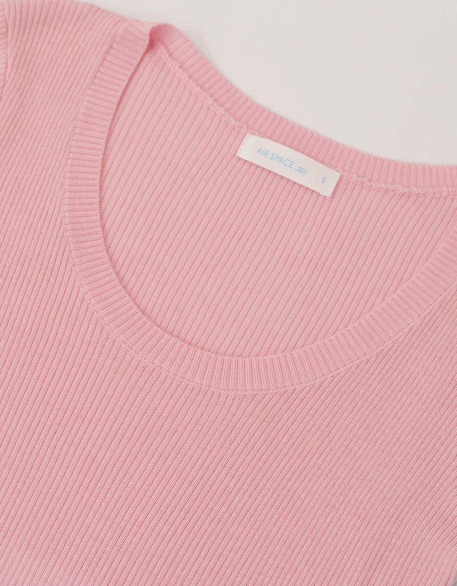 U領後鏤空短袖短版羅紋針織衫(附細領巾)