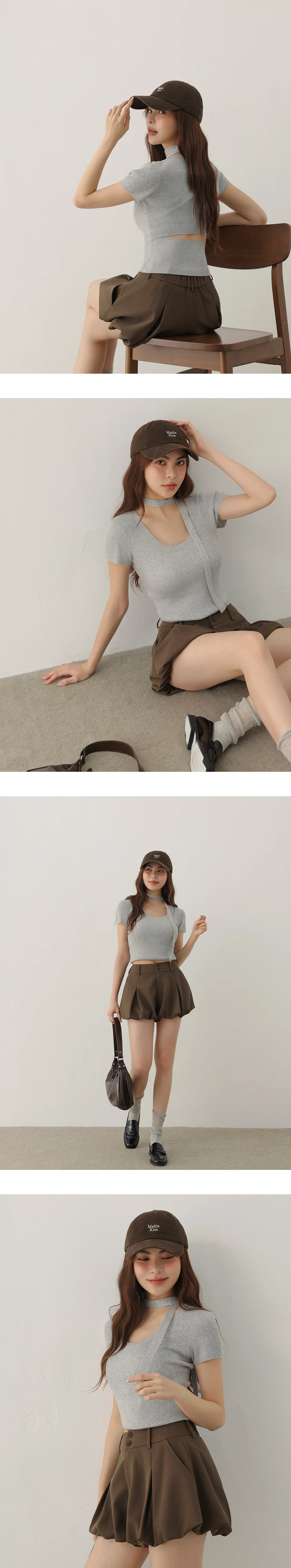 U領後鏤空短袖短版羅紋針織衫(附細領巾)