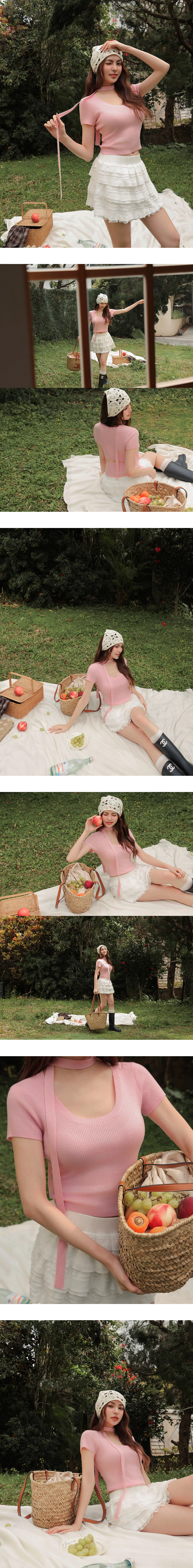 U領後鏤空短袖短版羅紋針織衫(附細領巾)