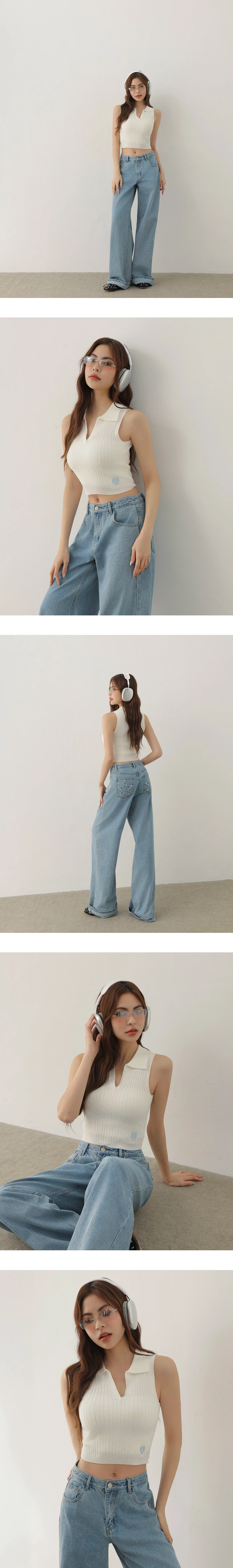 V型翻領愛心刺繡麻花羅紋短版針織背心