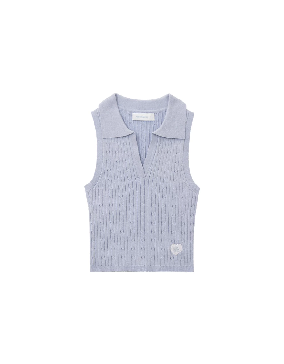 V型翻領愛心刺繡麻花羅紋短版針織背心