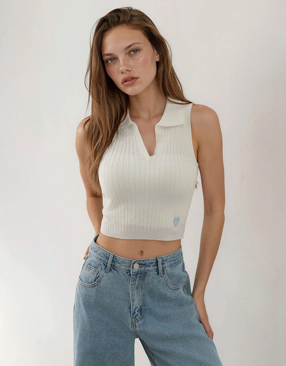 V Neck Cable Knit Polo Collar Sleeveless Tank Top