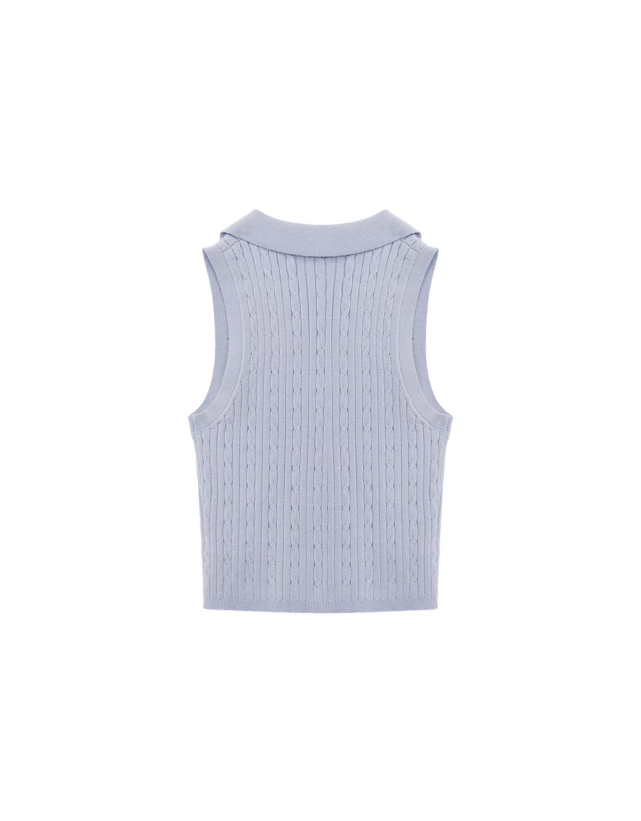 V型翻領愛心刺繡麻花羅紋短版針織背心