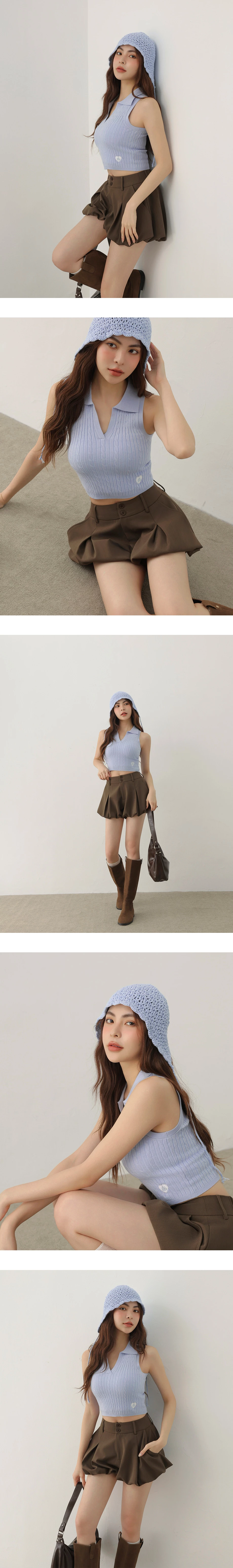 V型翻領愛心刺繡麻花羅紋短版針織背心