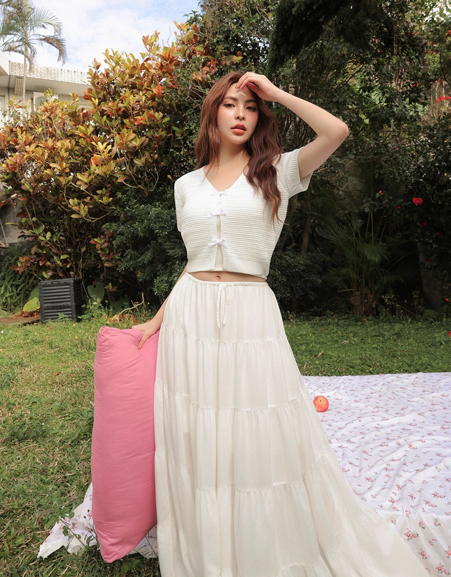 V領短袖緞帶蝴蝶結開襟橫條紋針織衫