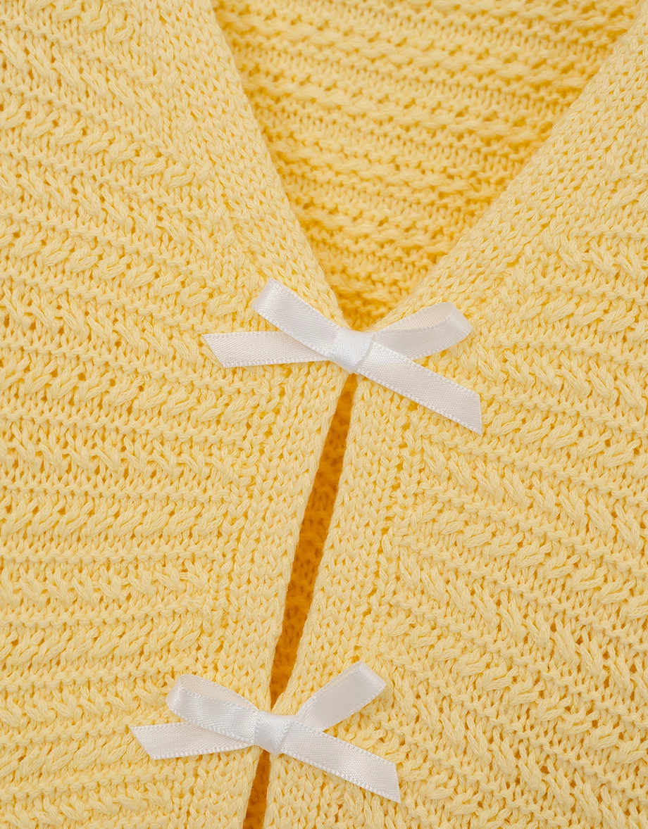 V領短袖緞帶蝴蝶結開襟橫條紋針織衫