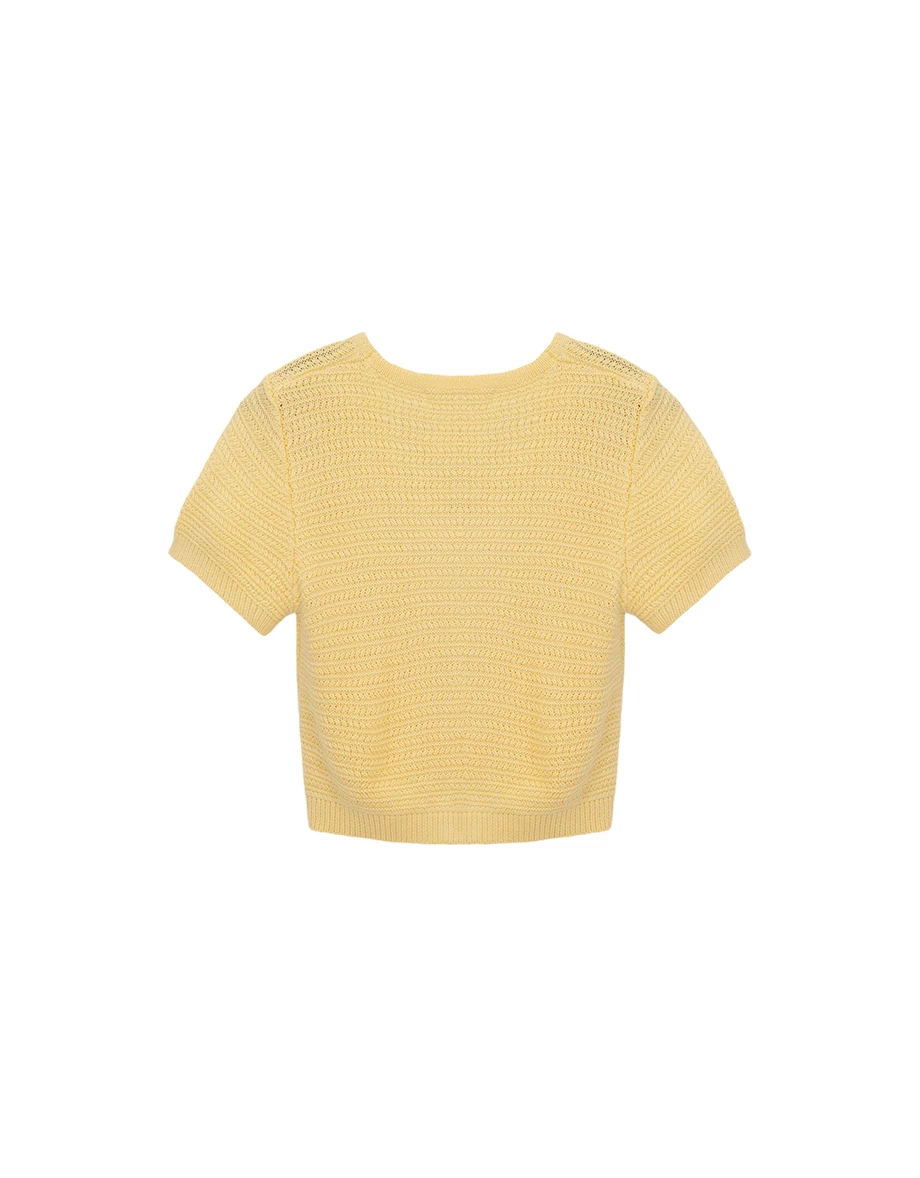 V領短袖緞帶蝴蝶結開襟橫條紋針織衫