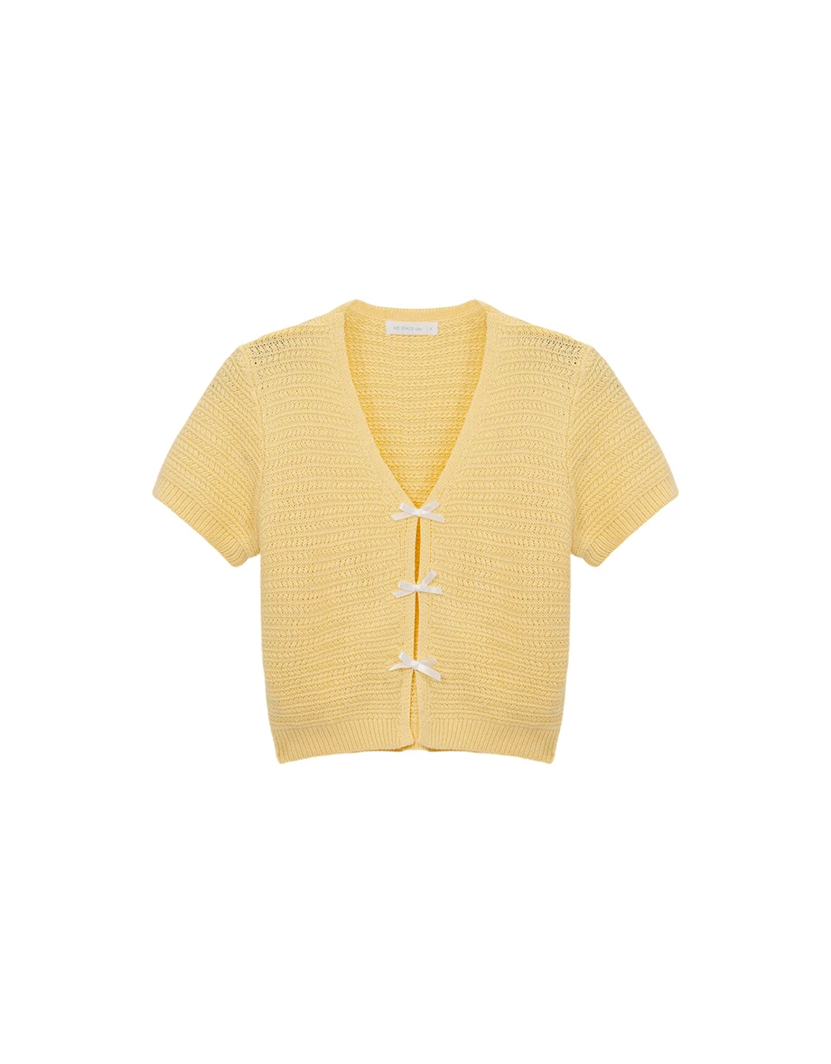 V領短袖緞帶蝴蝶結開襟橫條紋針織衫