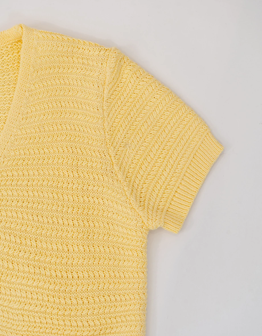 V領短袖緞帶蝴蝶結開襟橫條紋針織衫