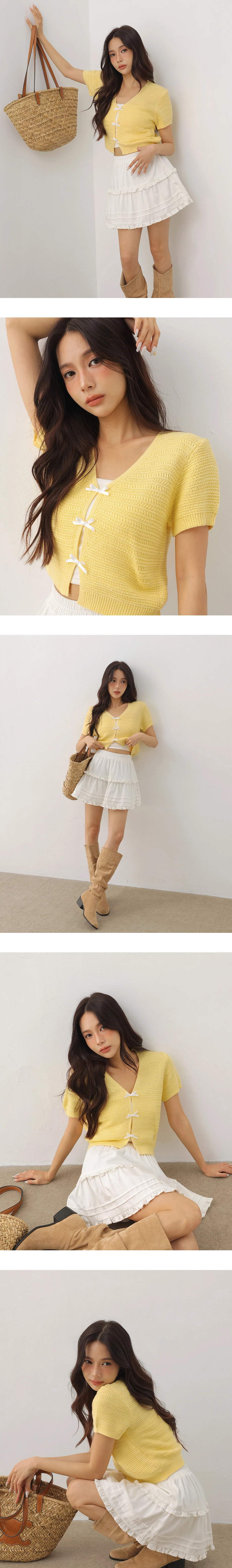 V領短袖緞帶蝴蝶結開襟橫條紋針織衫