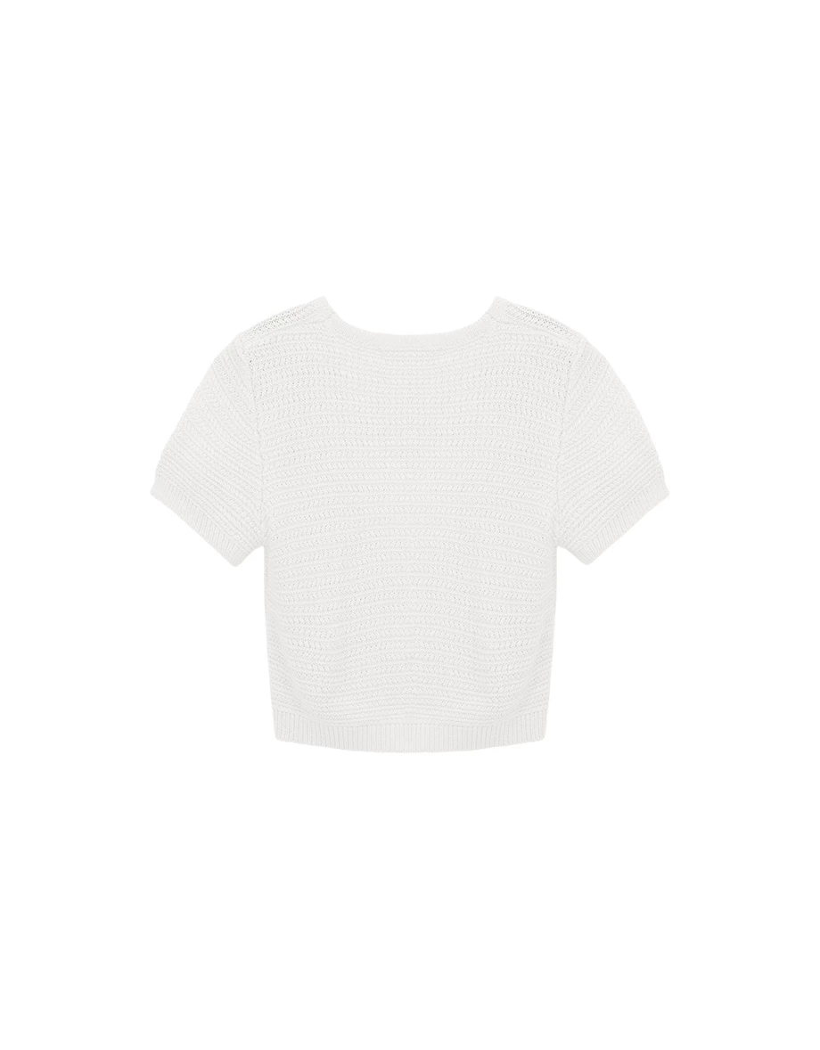 V領短袖緞帶蝴蝶結開襟橫條紋針織衫