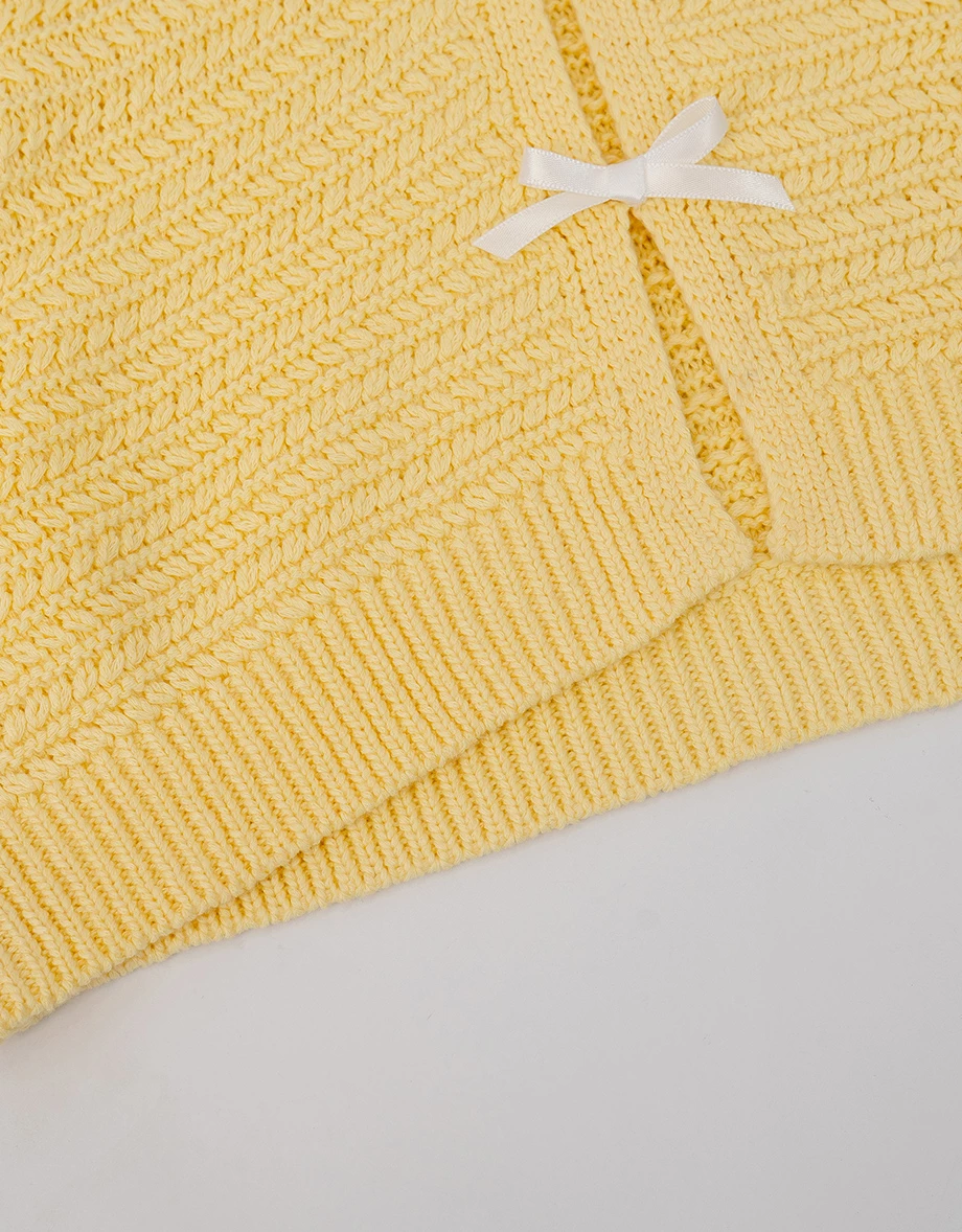 V領短袖緞帶蝴蝶結開襟橫條紋針織衫