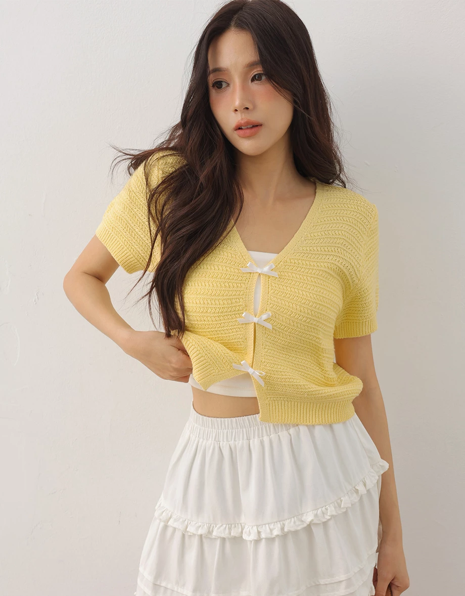 V領短袖緞帶蝴蝶結開襟橫條紋針織衫