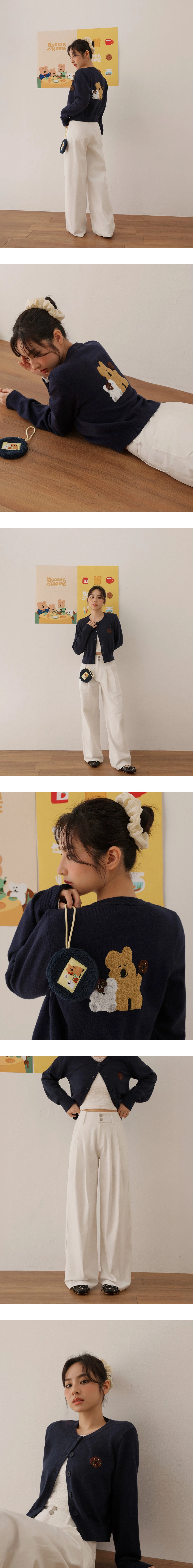 【DINOTAENG】毛巾繡圖案圓領長袖排扣開襟針織衫