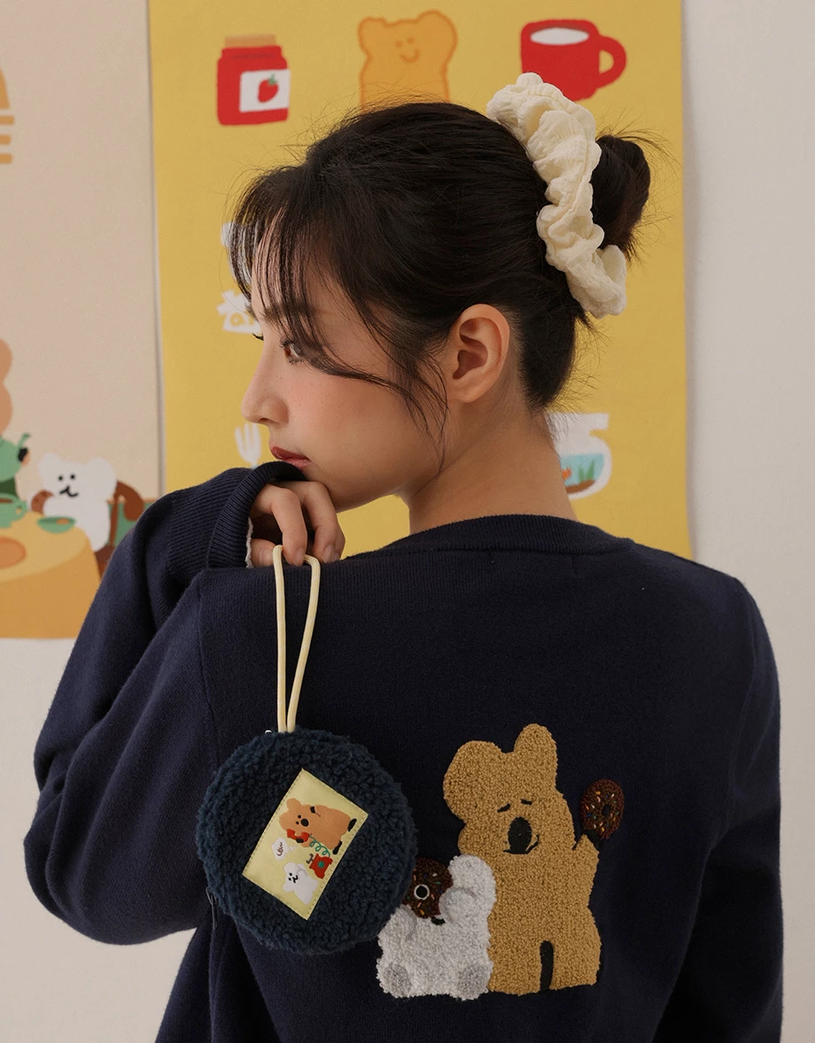 【DINOTAENG】毛巾繡圖案圓領長袖排扣開襟針織衫