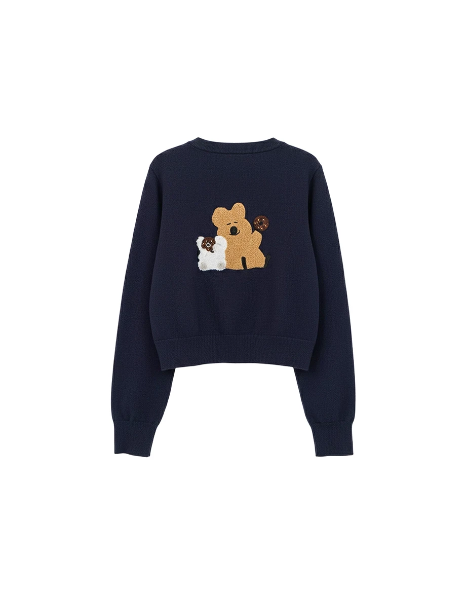 【DINOTAENG】毛巾繡圖案圓領長袖排扣開襟針織衫