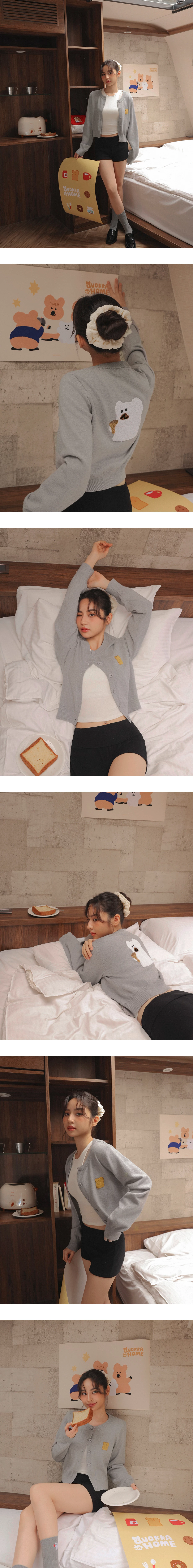 【DINOTAENG】毛巾繡圖案圓領長袖排扣開襟針織衫