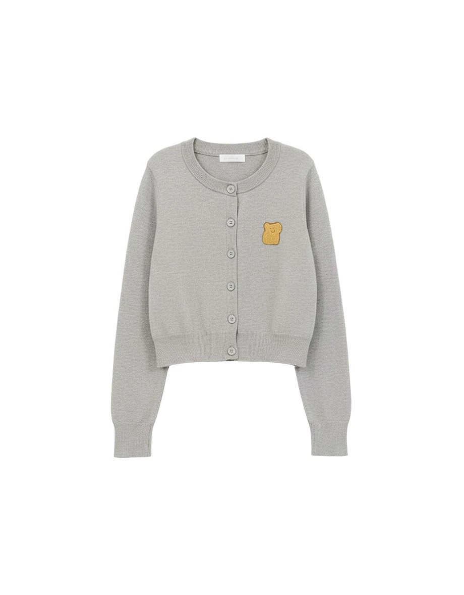 【DINOTAENG】毛巾繡圖案圓領長袖排扣開襟針織衫