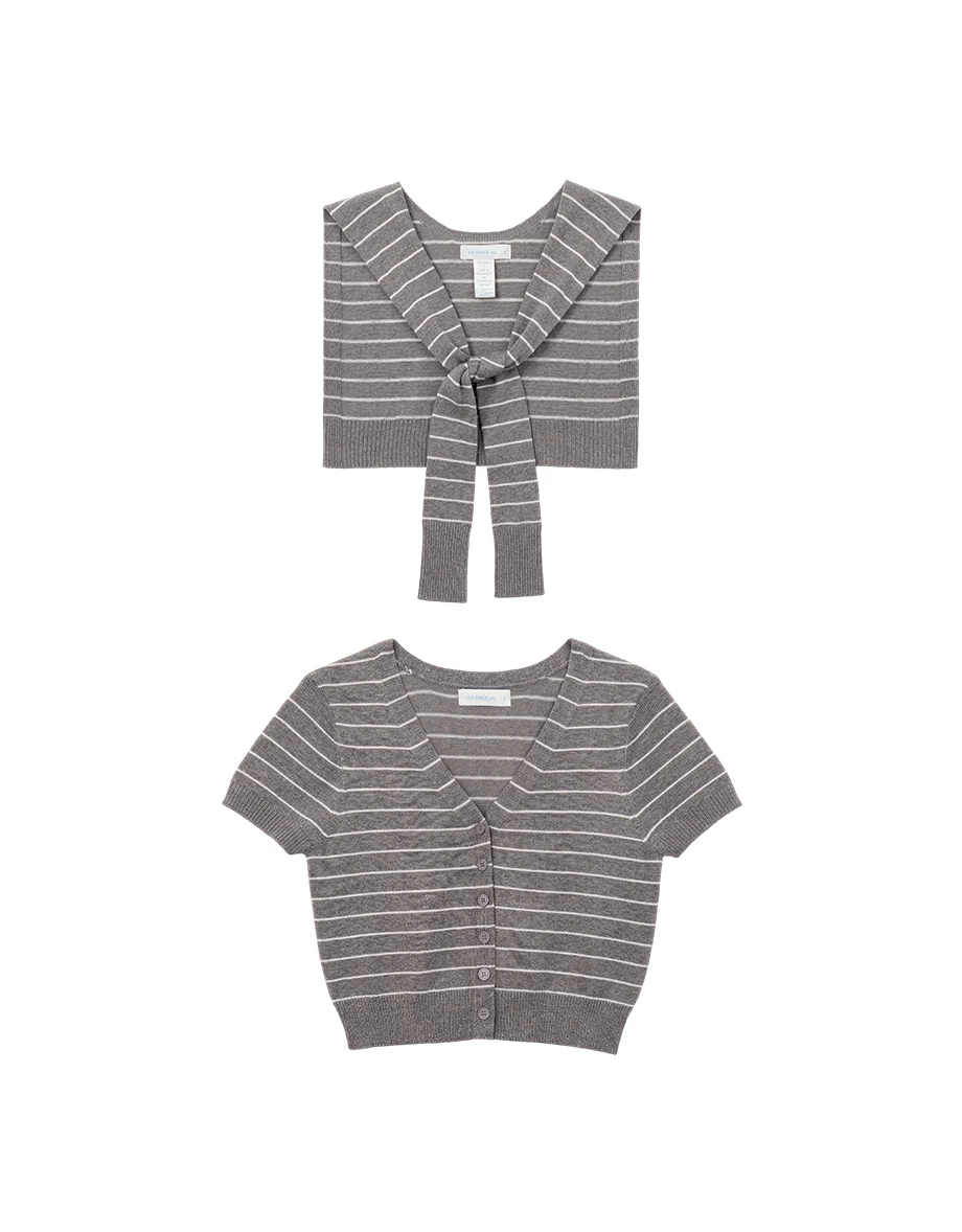 橫條紋V領短袖排扣開襟針織衫(附披肩)