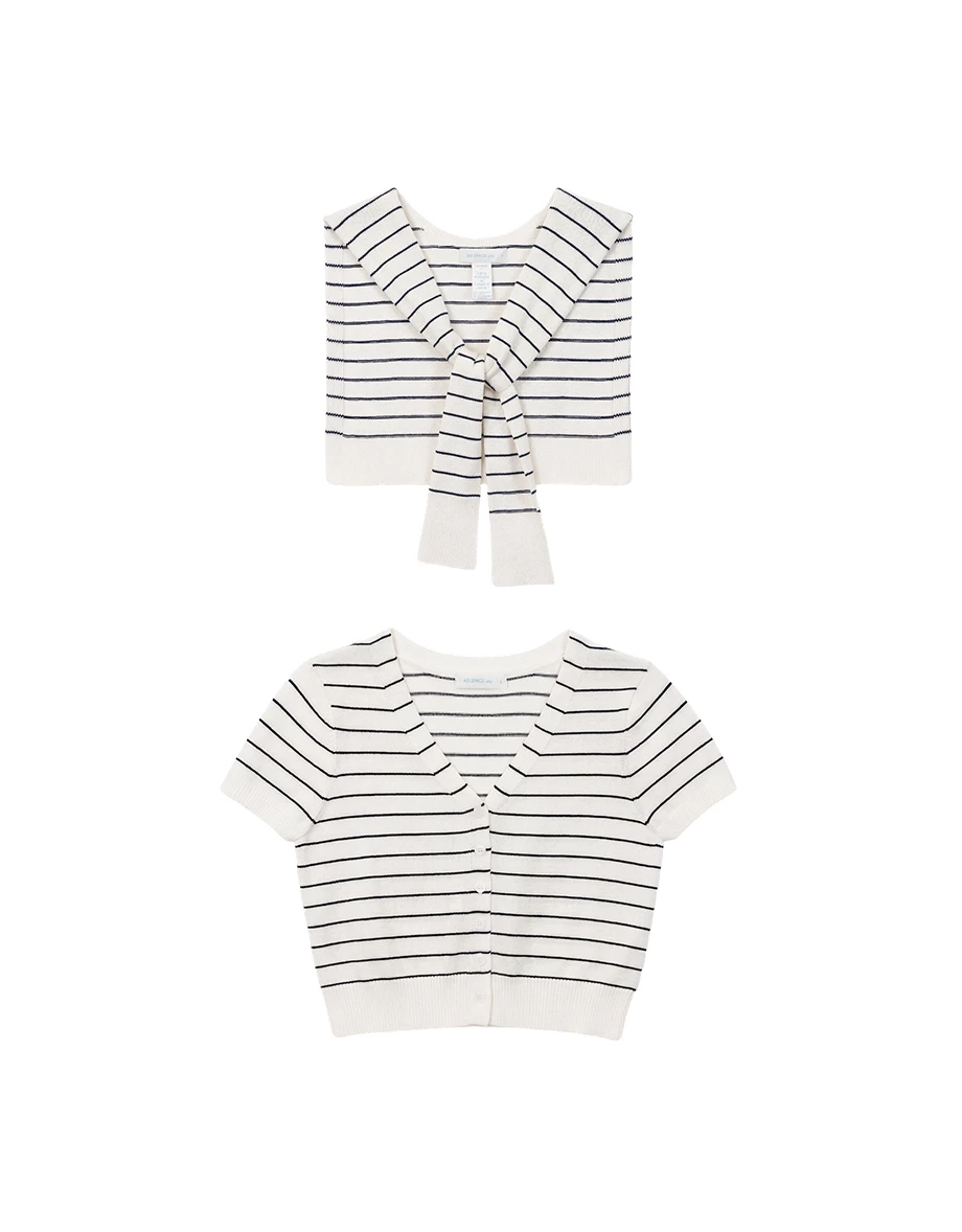 橫條紋V領短袖排扣開襟針織衫(附披肩)