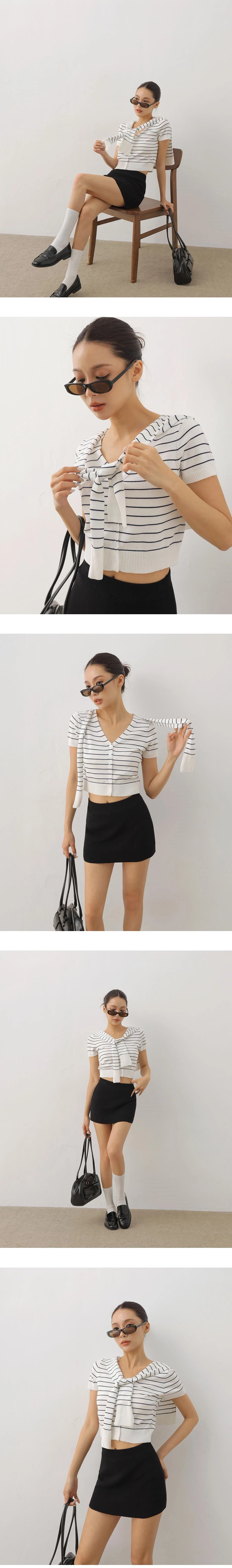 橫條紋V領短袖排扣開襟針織衫(附披肩)