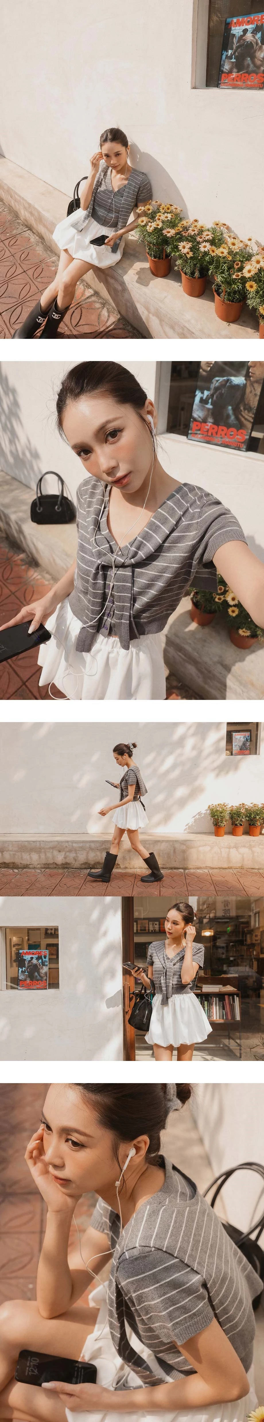 橫條紋V領短袖排扣開襟針織衫(附披肩)