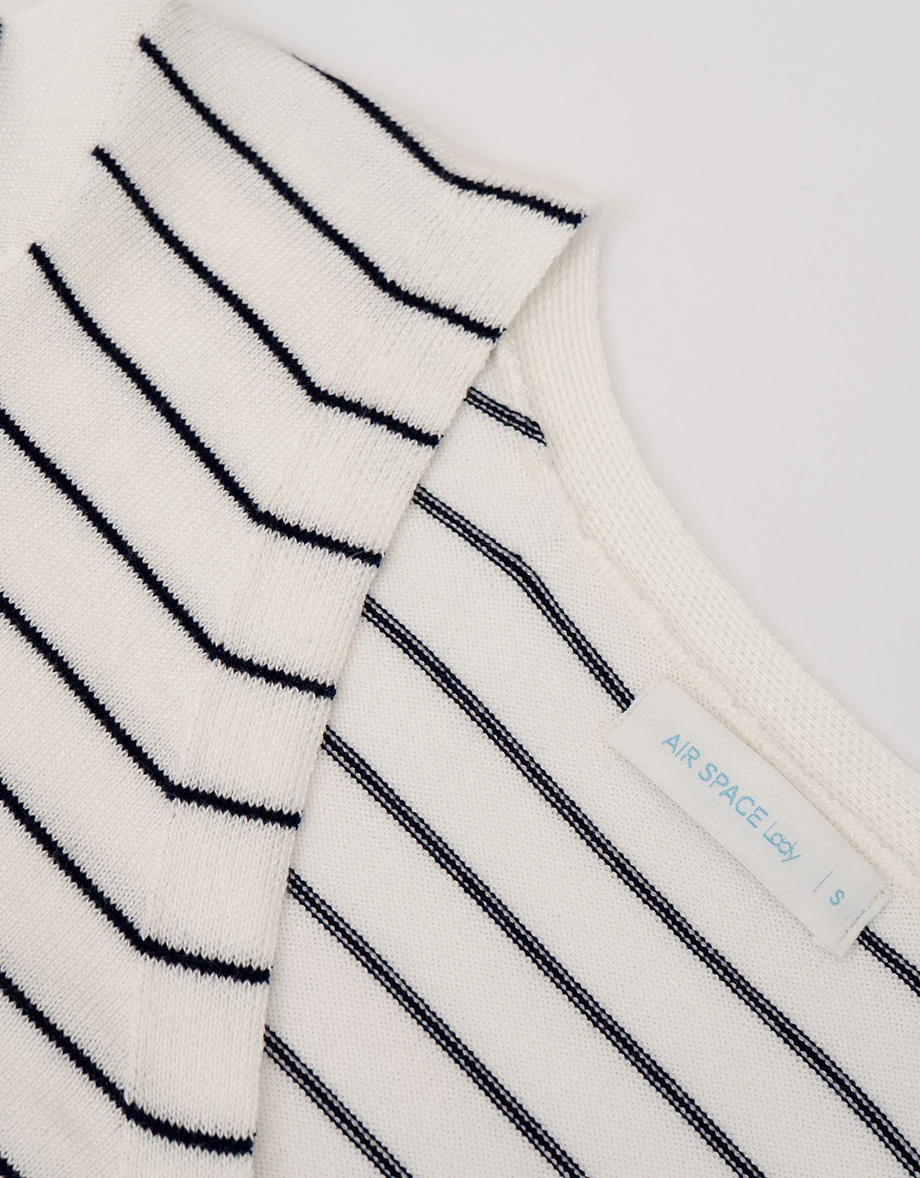 橫條紋V領短袖排扣開襟針織衫(附披肩)