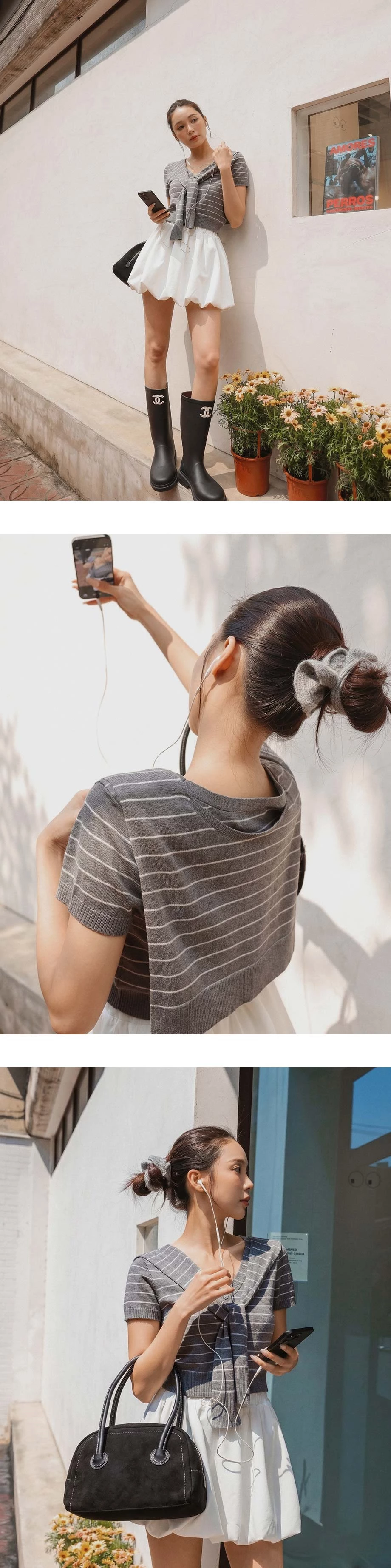 橫條紋V領短袖排扣開襟針織衫(附披肩)