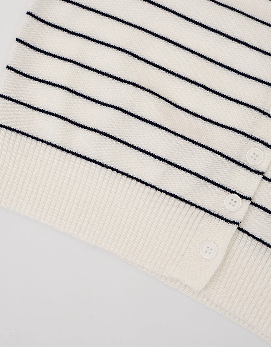 橫條紋V領短袖排扣開襟針織衫(附披肩)