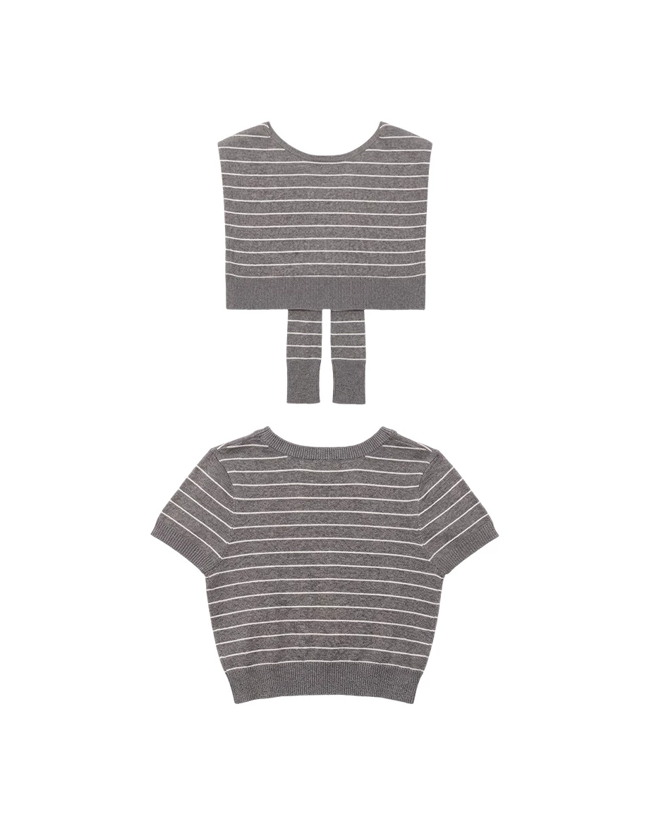 橫條紋V領短袖排扣開襟針織衫(附披肩)