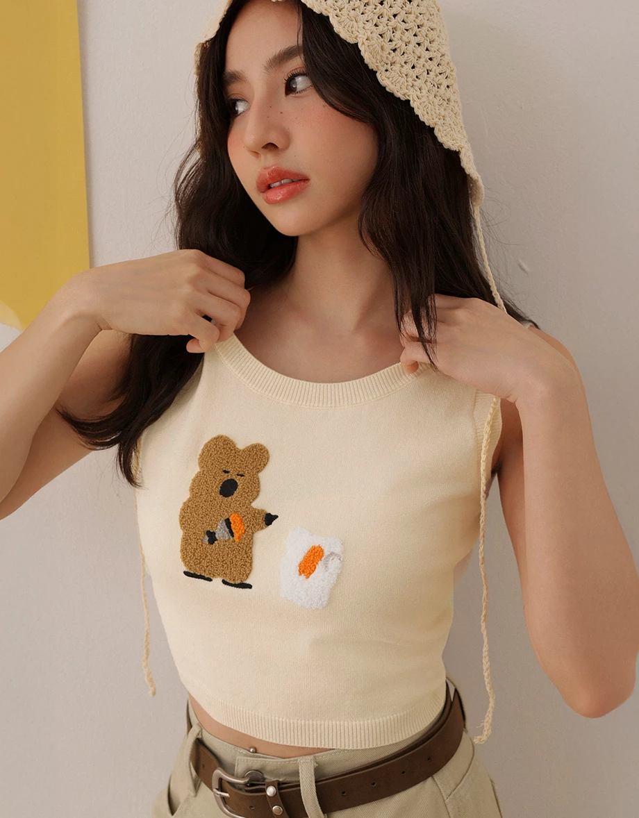 【DINOTAENG】毛巾繡圖案圓領針織背心