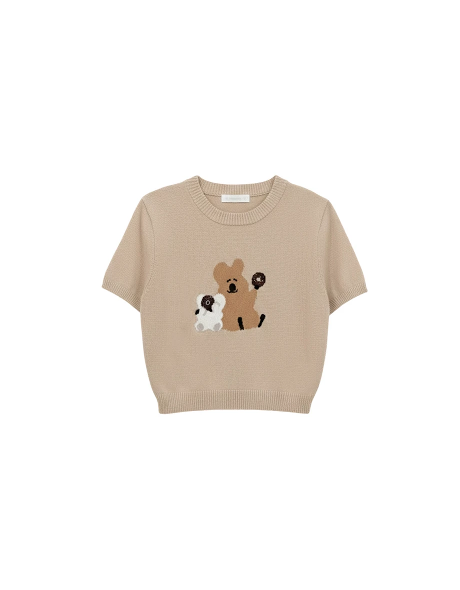 【DINOTAENG】緹花圖案短袖短版針織衫