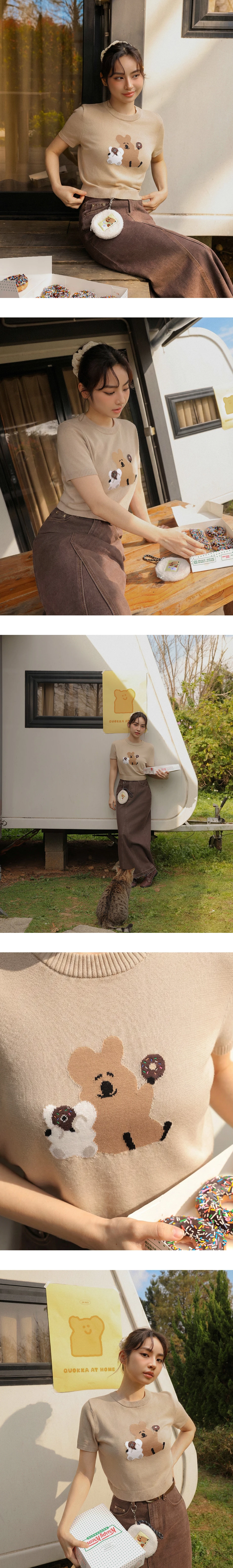 【DINOTAENG】緹花圖案短袖短版針織衫